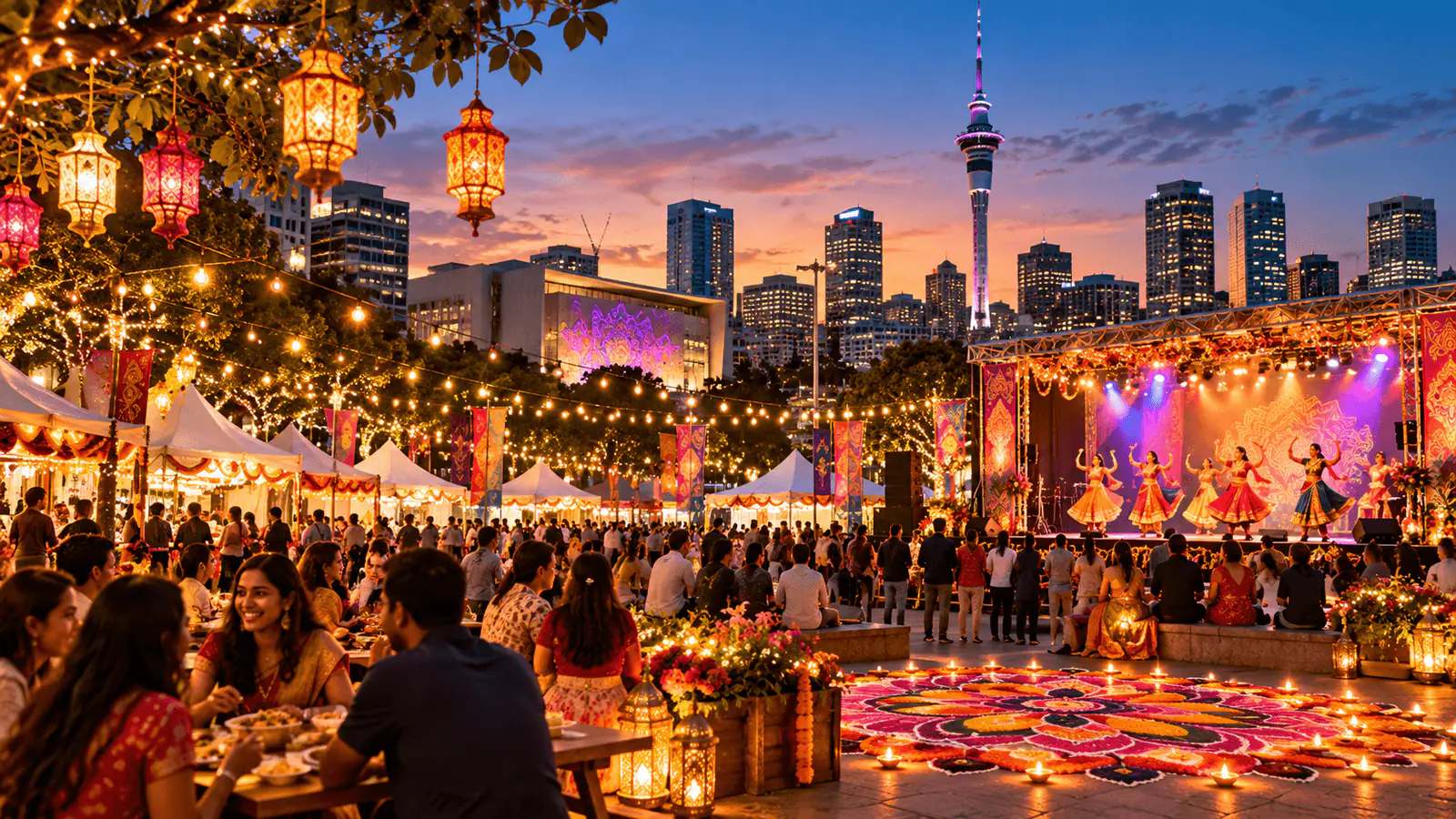 Conceptual illustration of an Auckland Diwali festival at dusk, with the city skyline and Sky Tower, glowing lanterns, a rangoli of lamps, Indian dancers on stage and crowds enjoying food
