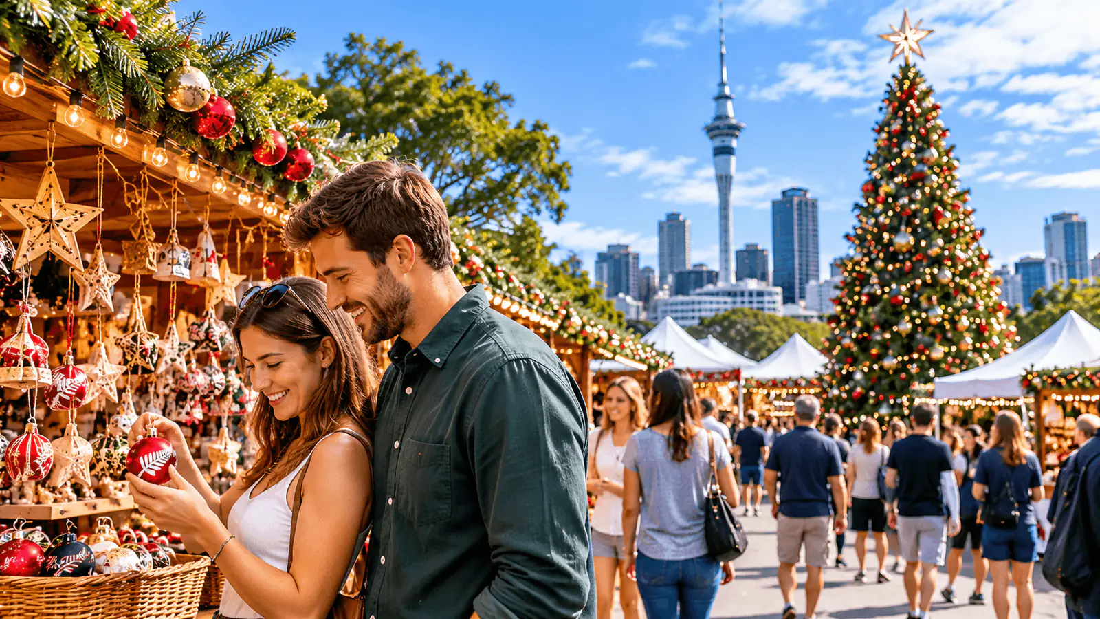 Conceptual illustration of a couple choosing ornaments at a sunny Christmas market stall, with the Auckland skyline and a decorated Christmas tree behind them