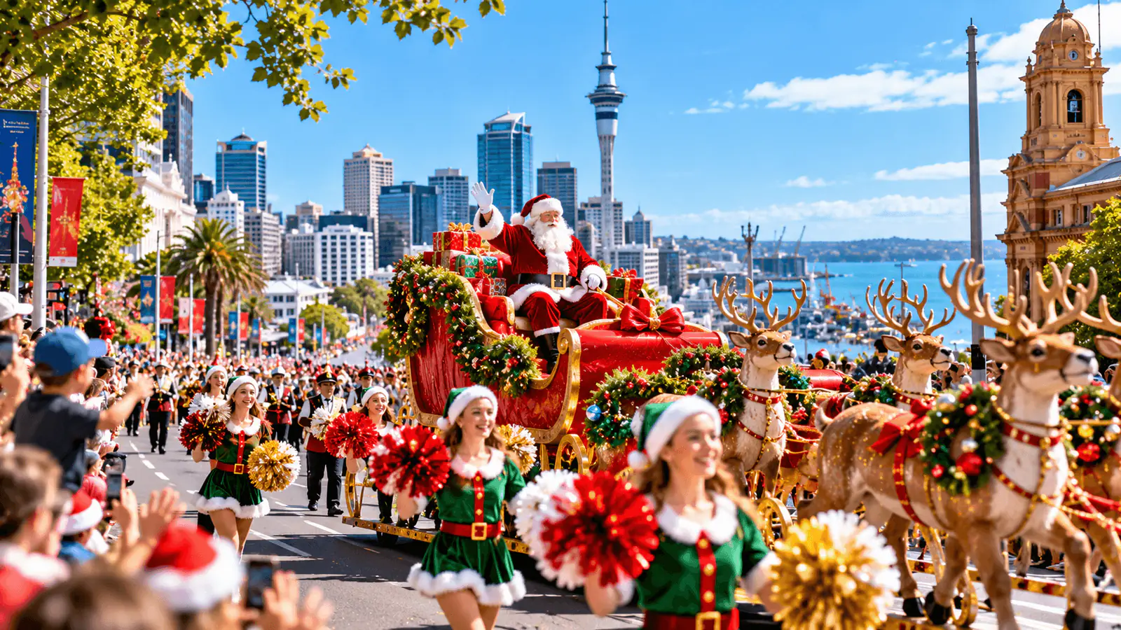 Conceptual illustration of a Santa parade on an Auckland street, with Santa in a decorated sleigh, reindeer, costumed dancers, cheering crowds and the Sky Tower behind