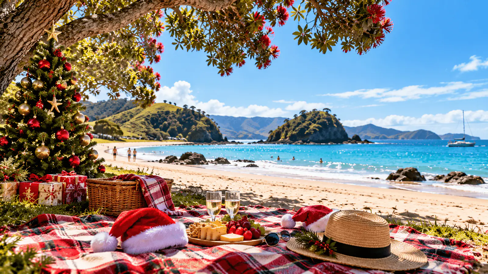 Conceptual illustration of a Christmas picnic under a flowering pōhutukawa tree on a New Zealand beach, with a decorated tree, wrapped gifts, Santa hats and calm blue water