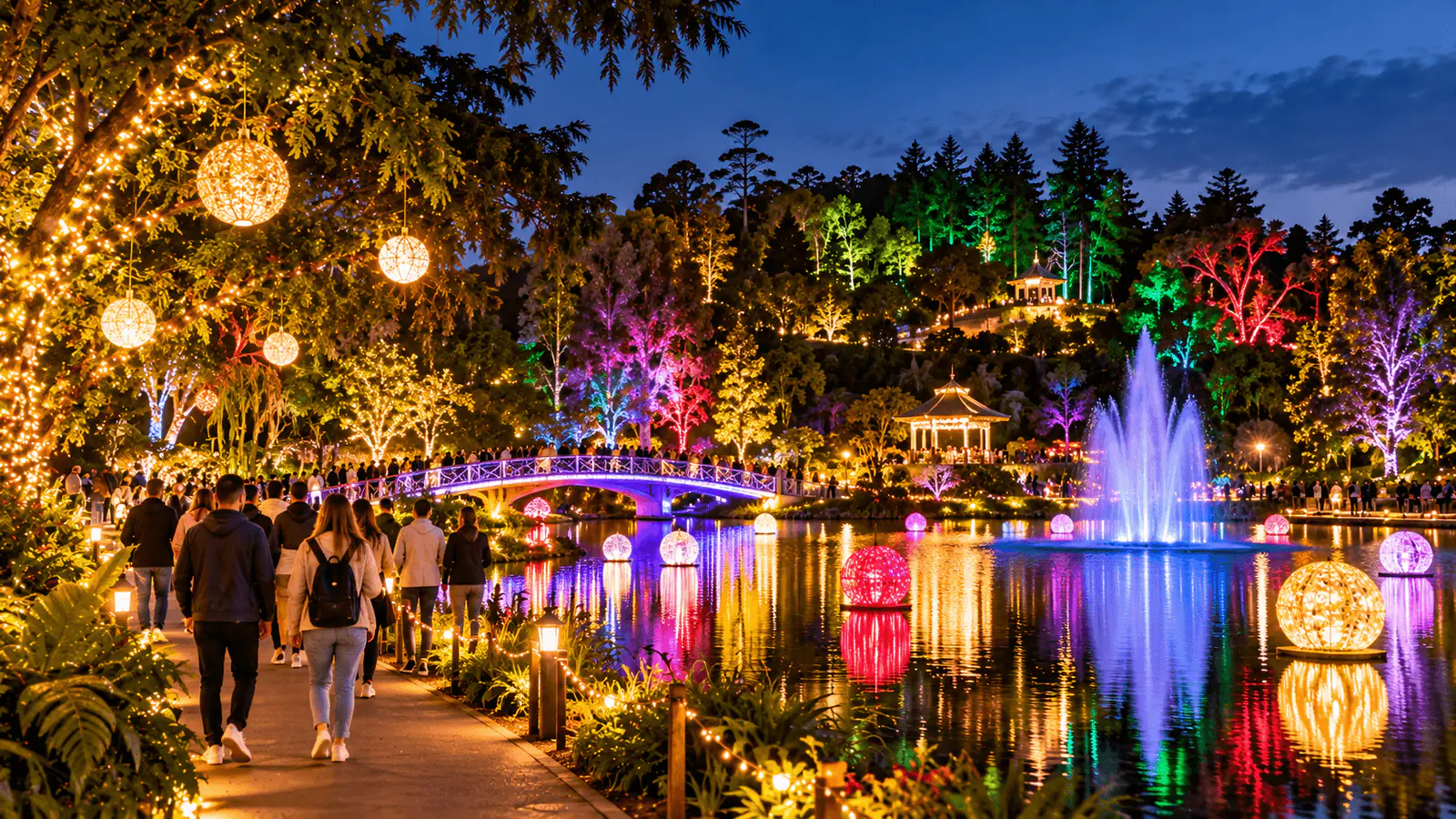 Conceptual illustration of a lakeside garden at night with glowing lanterns, a lit footbridge, a fountain and illuminated trees reflected in the water