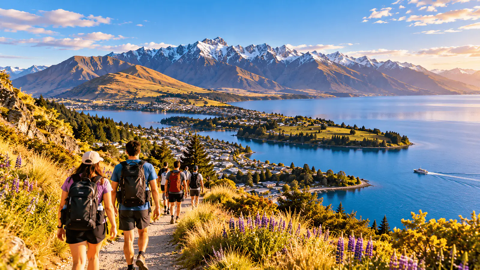 Conceptual illustration of hikers on a trail above a lakeside town, with a calm blue lake and snow-capped mountains on a clear summer evening