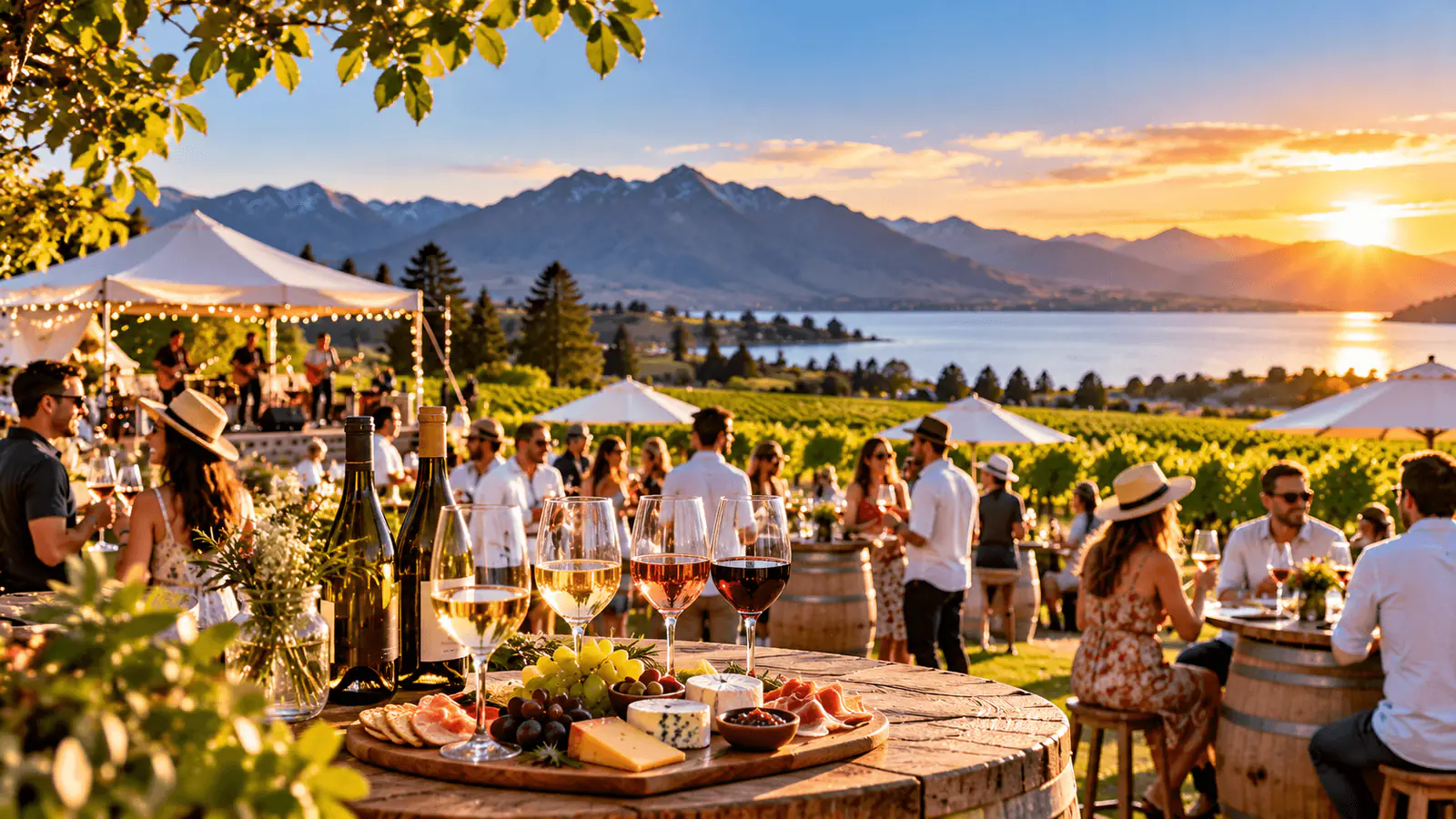 Conceptual illustration of an outdoor wine and food festival at a lakeside vineyard at sunset, with glasses of wine, a cheese board and a small band under a marquee