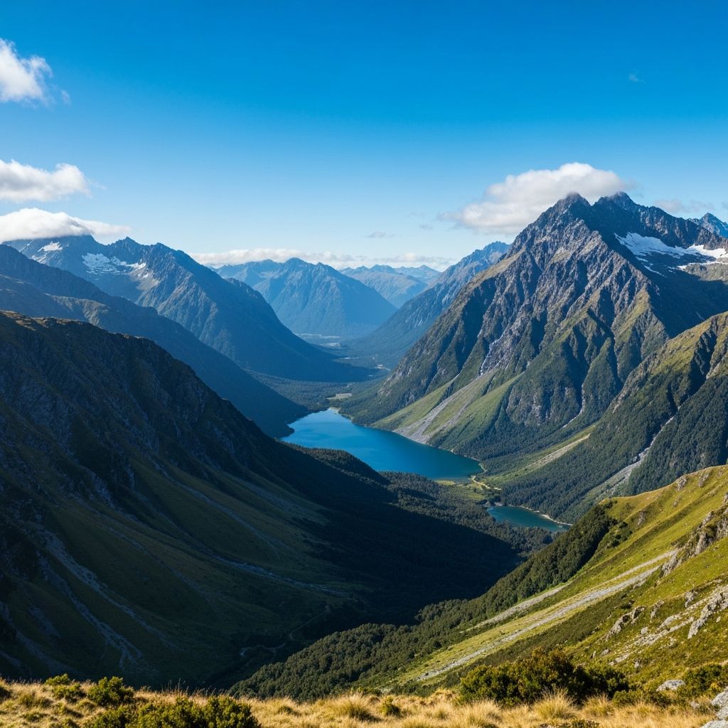 New Zealand mountain landscape with emerald valleys and snow-capped peaks